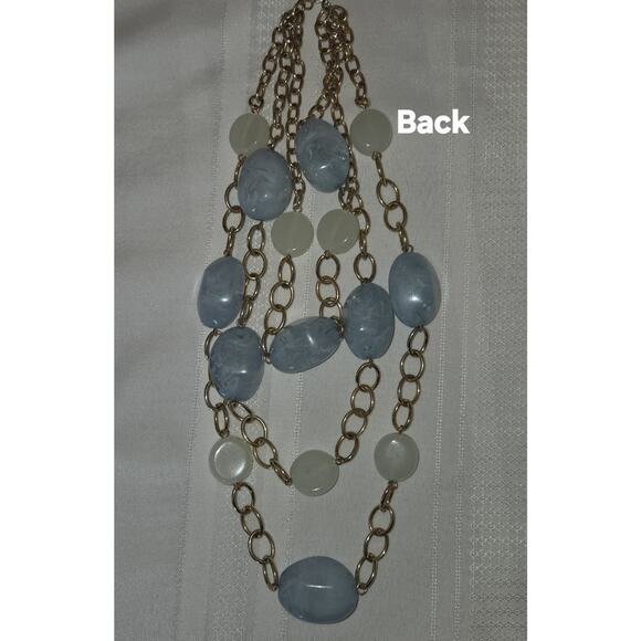 3 Strand Pale Blue Frosted Stone Necklace Chunky Statement Tiered White Stones - Picture 7 of 8